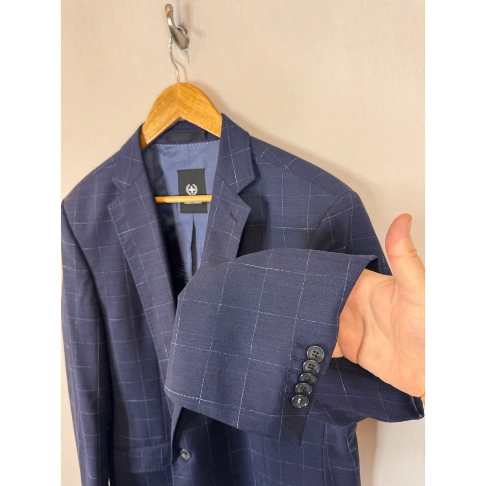 Strellson Aron Slim Fit Navy Blue‎ Windowpane Virgin Wool Blazer Jacket Men 44